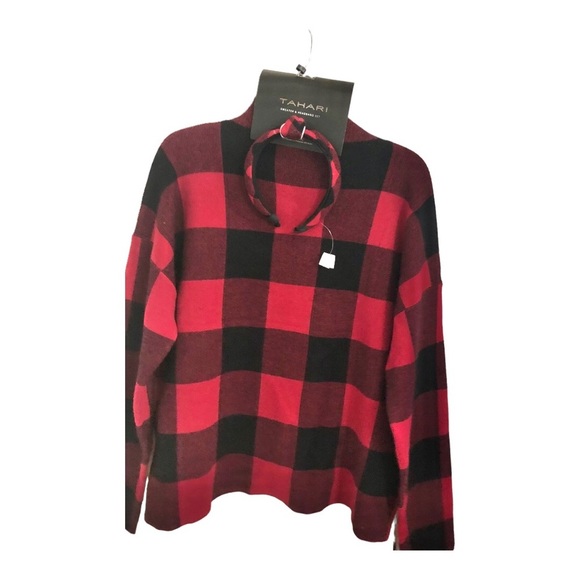 Tahari red & black plaid look mock neck sweater &‎ knotted headband size XL new - Picture 11 of 11